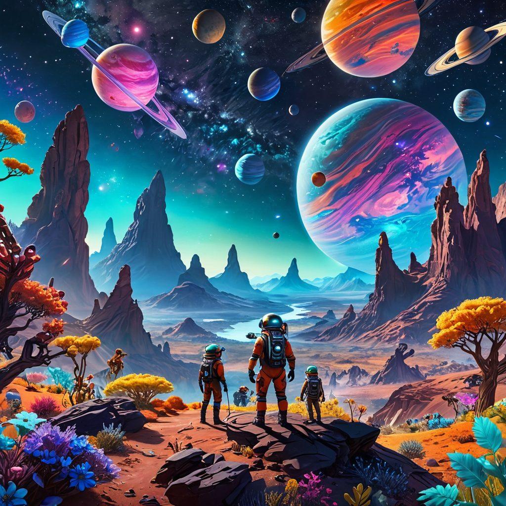 A colorful, whimsical landscape featuring diverse alien planets with vibrant flora and fauna. Enthusiastic explorers in futuristic spacesuits are joyfully navigating through this galaxy, using holographic maps and gadgets. Incorporate playful space creatures and a sparkling starry sky above. Make the scene dynamic and inviting to inspire curiosity and adventure. super-realistic. vibrant colors. 3D.
