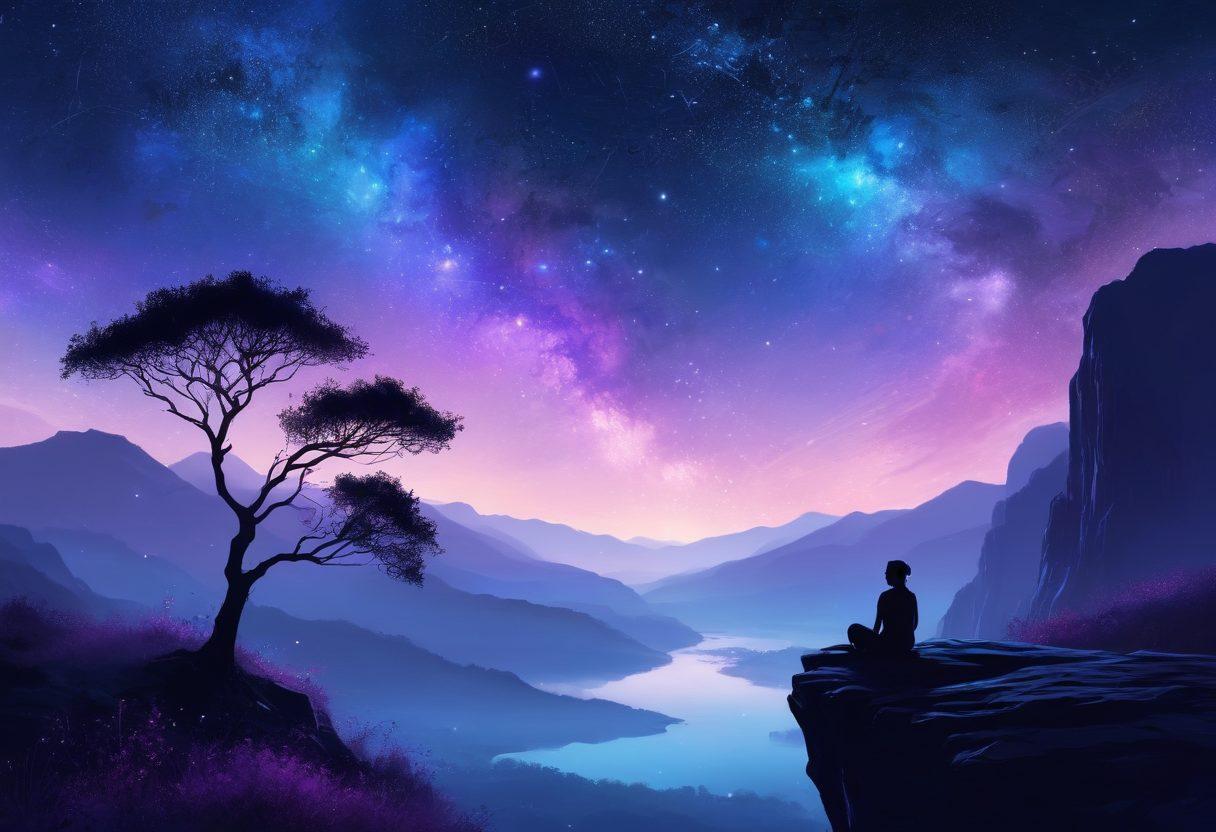 A serene cosmic landscape featuring a vast expanse of twinkling stars and ethereal nebulae in soothing hues of blue and violet. In the foreground, a silhouette of a person sitting peacefully on a cliff, gazing up at the stars with a hopeful expression. Soft beams of light emanating from the stars, symbolizing optimism and contentment. Include gentle wisps of stardust swirling around the scene. digital painting. vibrant colors. tranquil atmosphere.
